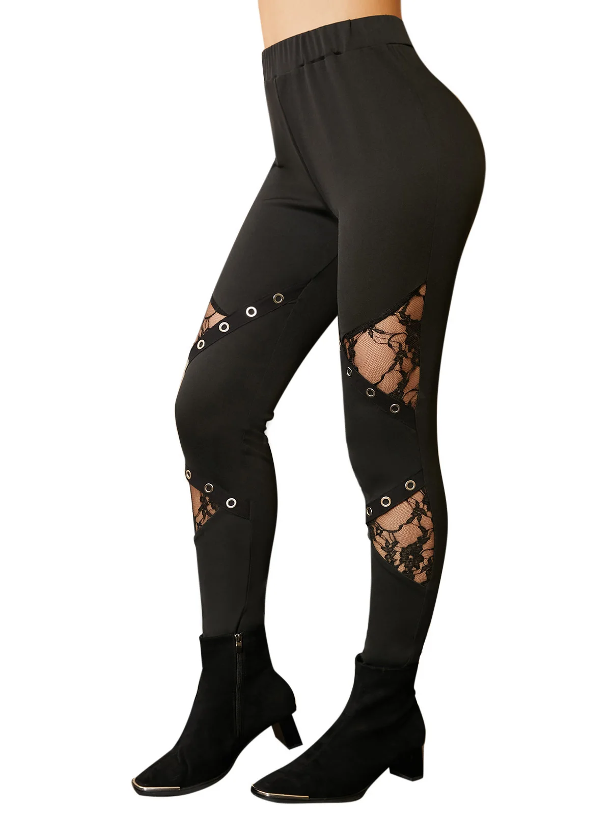 Halloween Lace Patch Eyelets High Waist Black Gothic Pants Women Goth Style Leggings