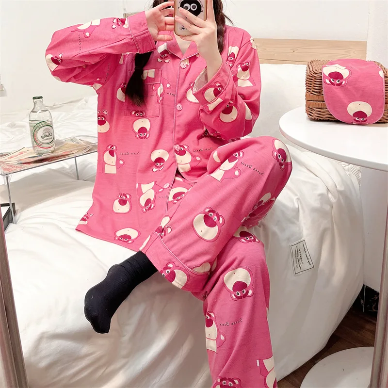 

Kawaii Disney Lotso пижамные комплекты мультфильм Девушки Весенние Брюки с длинным рукавом милый кардиган женский сон & Отдых Набор из 2