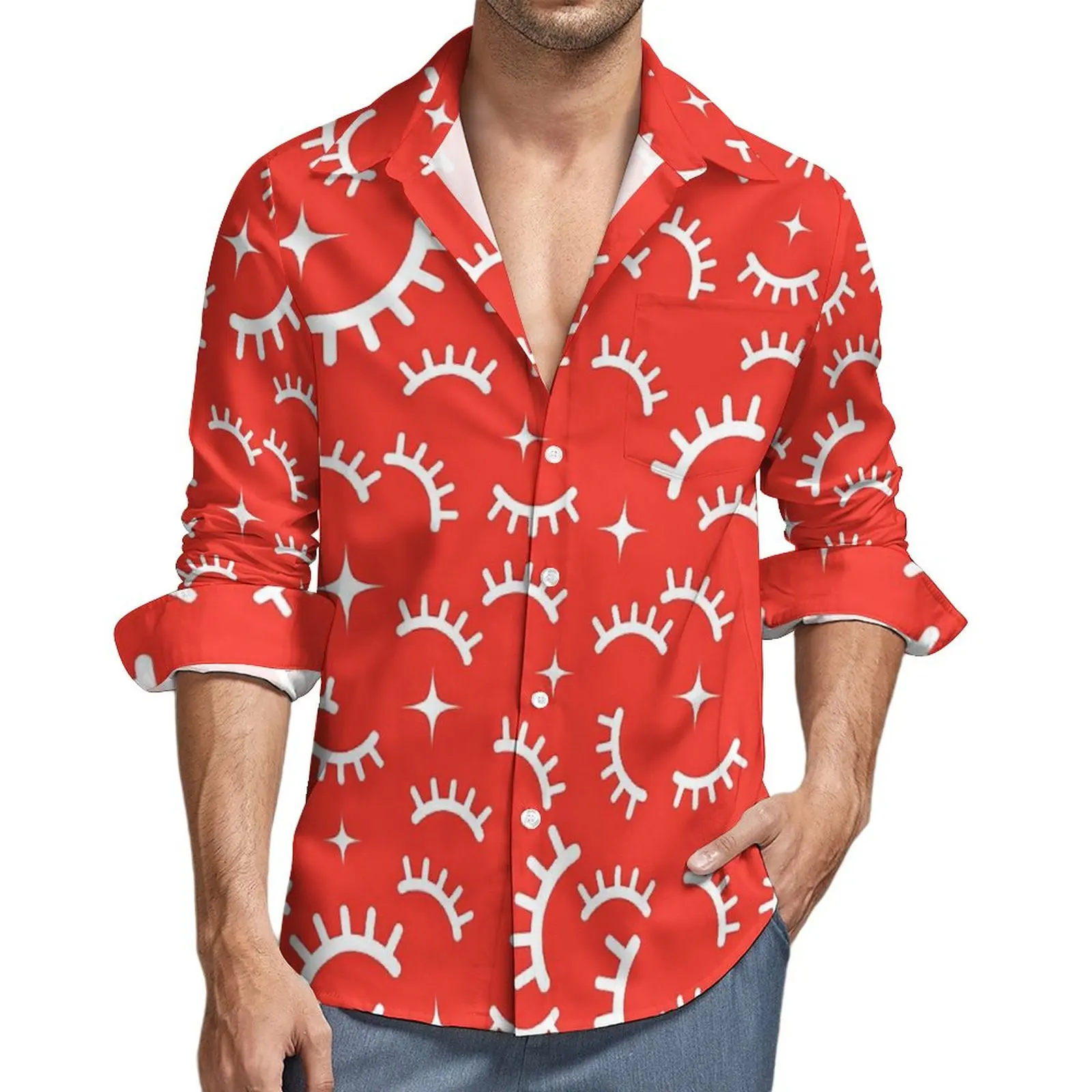 

Cartoon Eyelashes Casual Shirts Man White And Red Shirt Long Sleeve Fashion Harajuku Blouses Spring Custom Clothing Big Size
