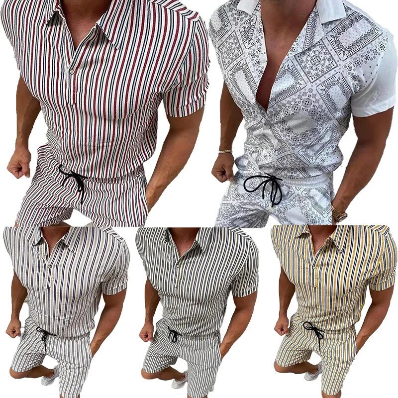 Beach New European And American Men's Summer Suits Young Men's Printed Casual Short-Sleeved Shirt Suits For Men