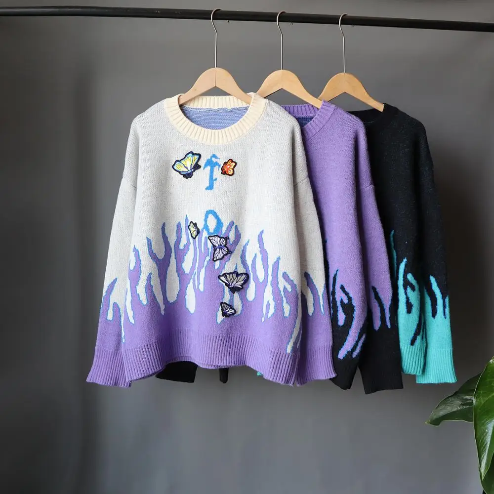 

Sweater Butterfly Applique Women Pullover Casual Loose Sweaters Streetwear Jumper 2020 Autumn Winter Harajuku Flame Knit