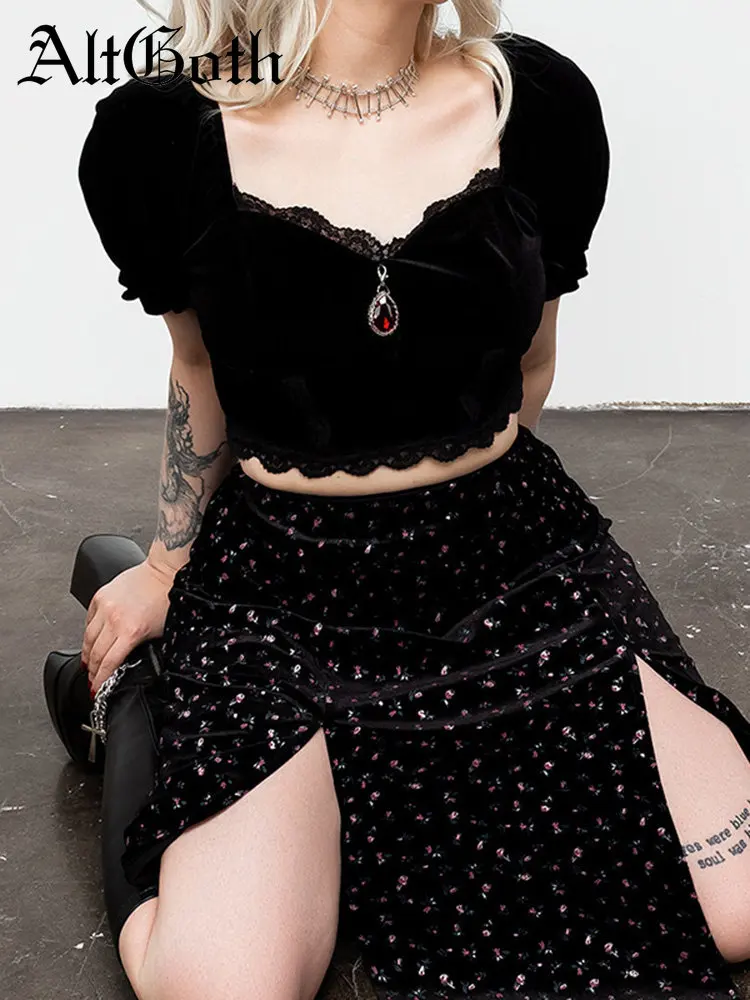 

AltGoth Aesthetic Fairycore Grunge Gothic T-shirt Women Vintage Elegant Lace Trim Puff Sleeve Square Collar Velevt Crop Tee Tops