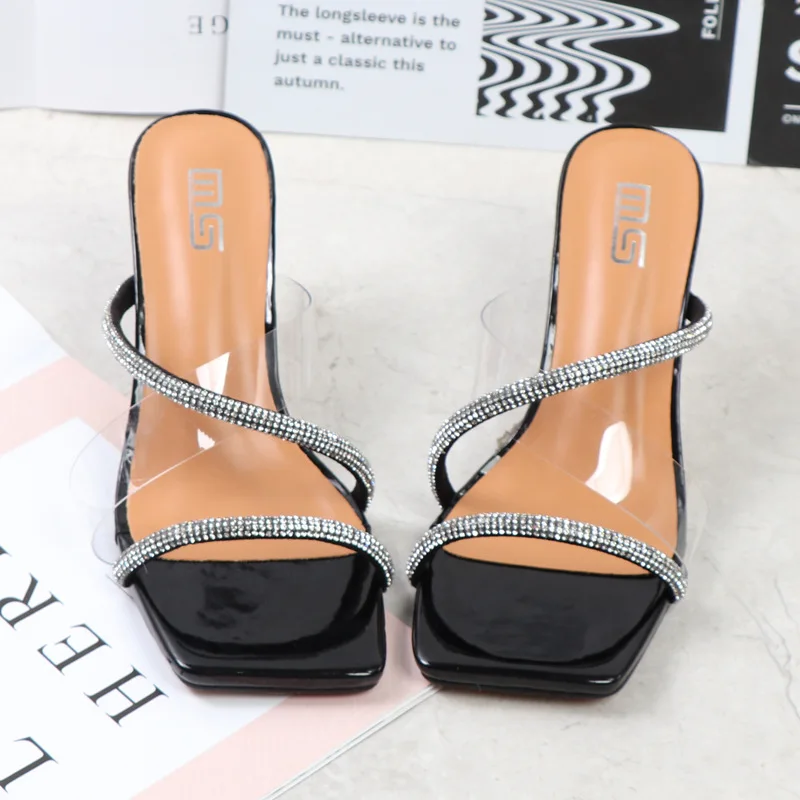 Women's High Heel Sandals 2022 Summer New Rhinestone Belt Transparent Horseshoe Heel Slippers Fashion Party Women Sandals 7.5CM