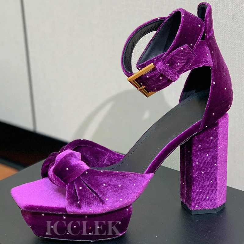 

Ladies High Heel Sandals Summer New Knotted Upper Design Open Toe Banquet Sandals Appear Thin Square Toe Platform Women Pumps