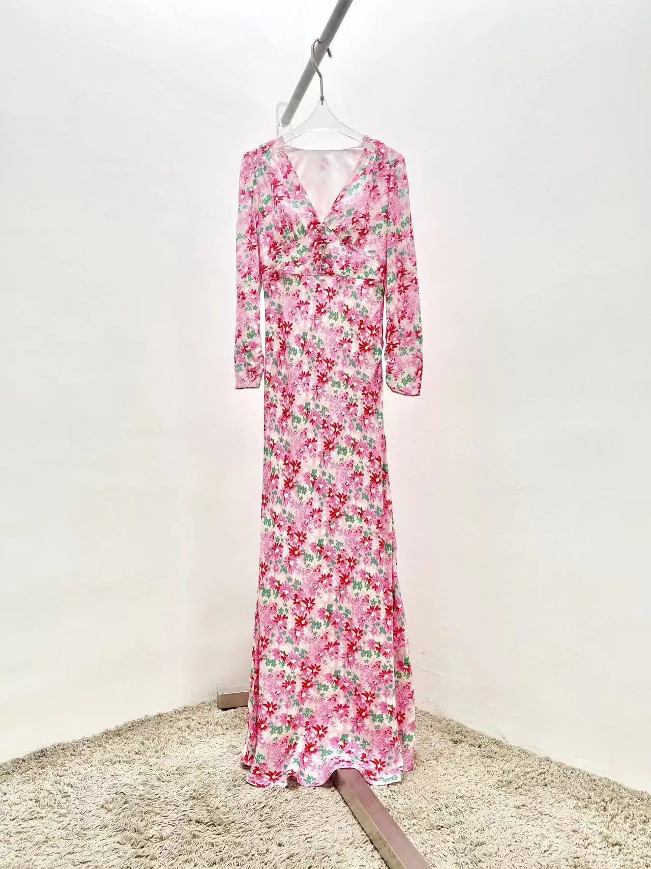 2023 Spring Summer Newest Fashion Runway Long Dress Women's Long Sleeve V-Neck Flowers Printed Designer Top Dress