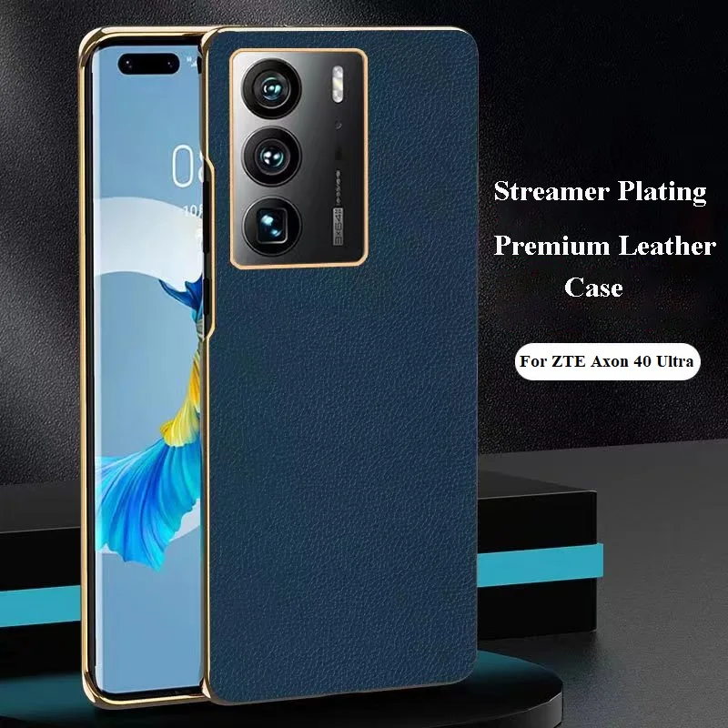 

New Streamer Plating PU Plain Leather Phone Case All-inclusive Four Corners Anti-drop Protective Cover For ZTE Axon 40 Ultra