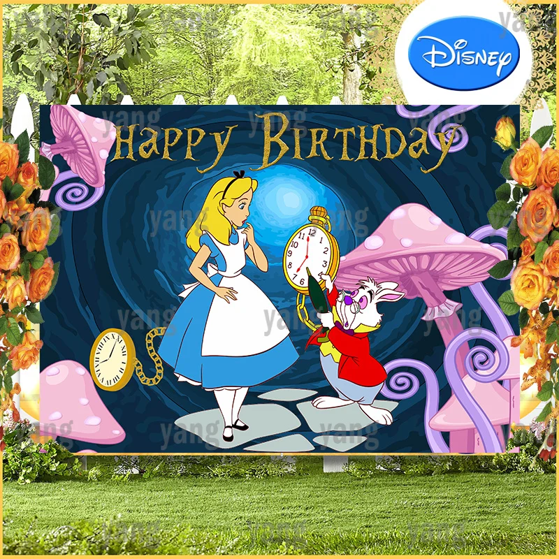 Cartoon Disney Girl Princess Happy Baby Shower Birthday Pink Mushroom Decoration Alice In Wonderland Backdrop Backgrounds Banner