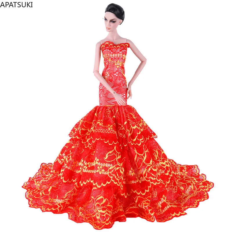 

Red Gold Lace Wedding Dress for Barbie Doll Clothes Fishtail Outfits Party Gown Outfits Clothing Handmade DIY Toys for Children