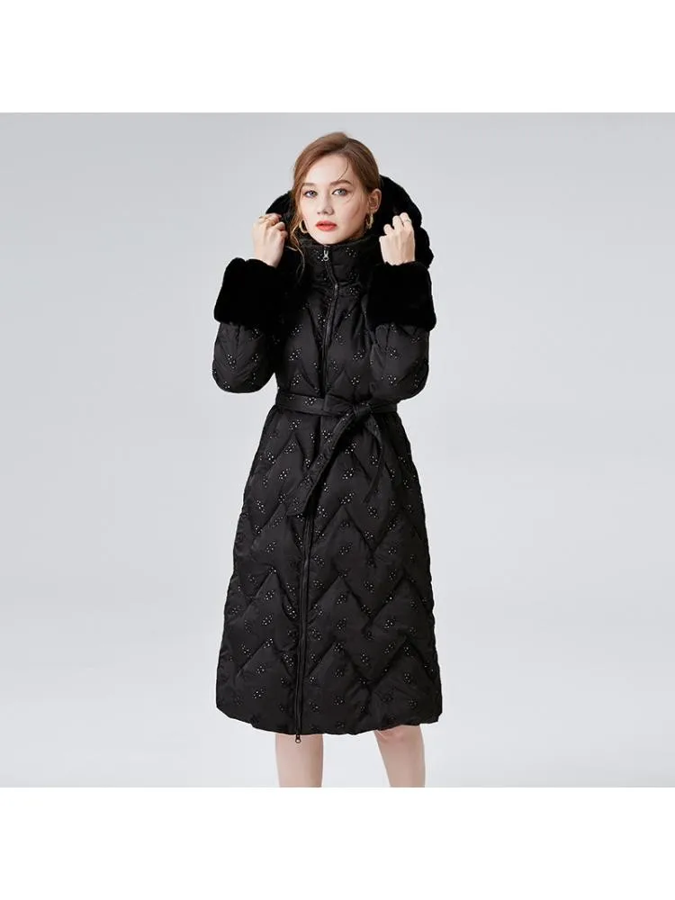 High-End Fashion 2022 Winter New Hooded Thicked Long Bread Clothing Jackets Black Natural Rabbit Fur Collar 90 White Down Coats