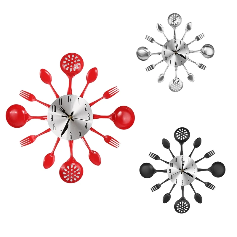 

Metal Kitchen Cutlery Wall Clock 14 Inch With Fork Spoon 3D Non Ticking Quartz Watch Clock For Bedroom Home Decor