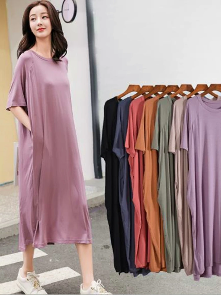 

100 Kg Wear Night Dress Women Short Sleeve Modal Cotton Nightshirt Female Loose Long Nightgowns Women's Home Clothes With Pocket