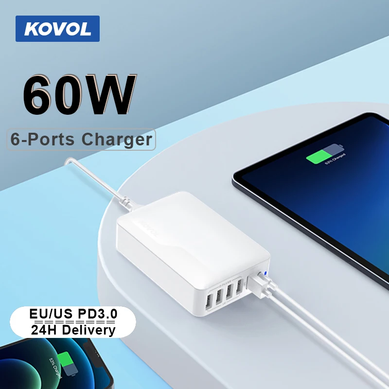 

KOVOL 60W Fast Charger 6-in-1 USB Type C Charger PD for iPhone 13 12 8 Quick Charge QC 3.0 Phone Charger for Xiaomi Huawei