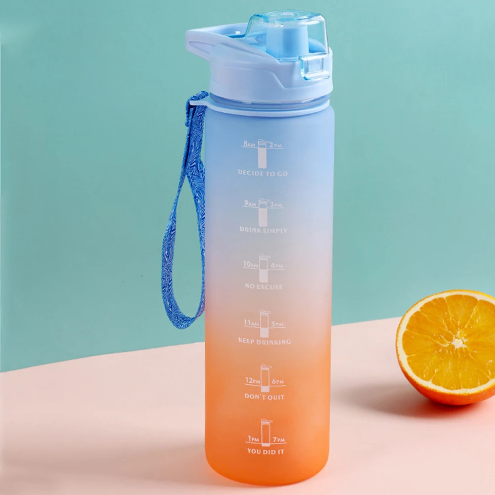 1 Liter Sport Water Bottle With Straw Cup Noozle with Time Marker Leakproof Sports Water Bottle for Outdoor Gym Camping Tour 32o