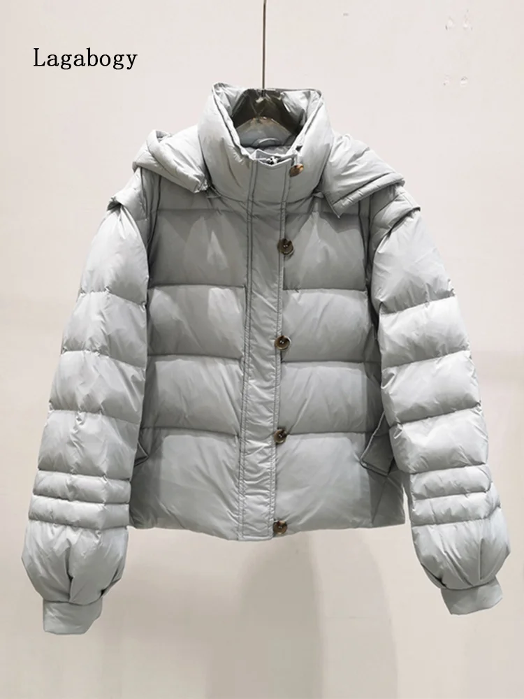 2022 Winter Women Detachable Sleeve Short Puffer Jacket Female Warm Loose Bread 90% White Duck Down Coat Hooded Outwear