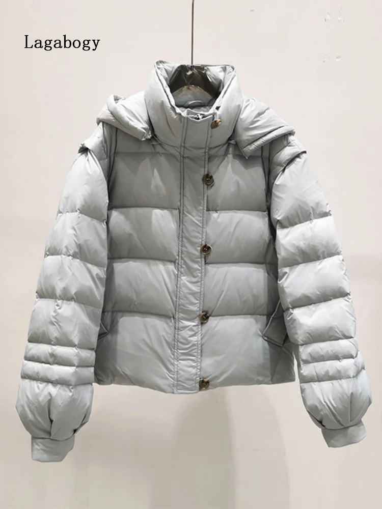 

2022 Winter Women Detachable Sleeve Short Puffer Jacket Female Warm Loose Bread 90% White Duck Down Coat Hooded Outwear