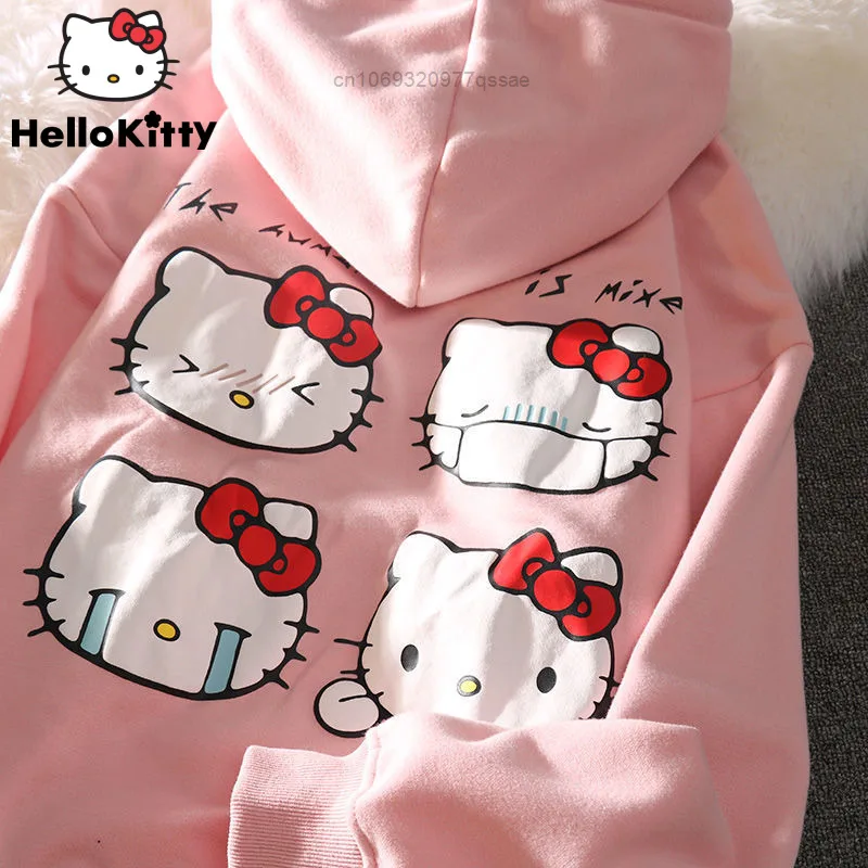 Sanrio Hello Kitty Blue Pink Cute Sweatshirt For Women Y2k Fashion Loose Oversize Hooded Hoodie Korean Style Tops Clothes