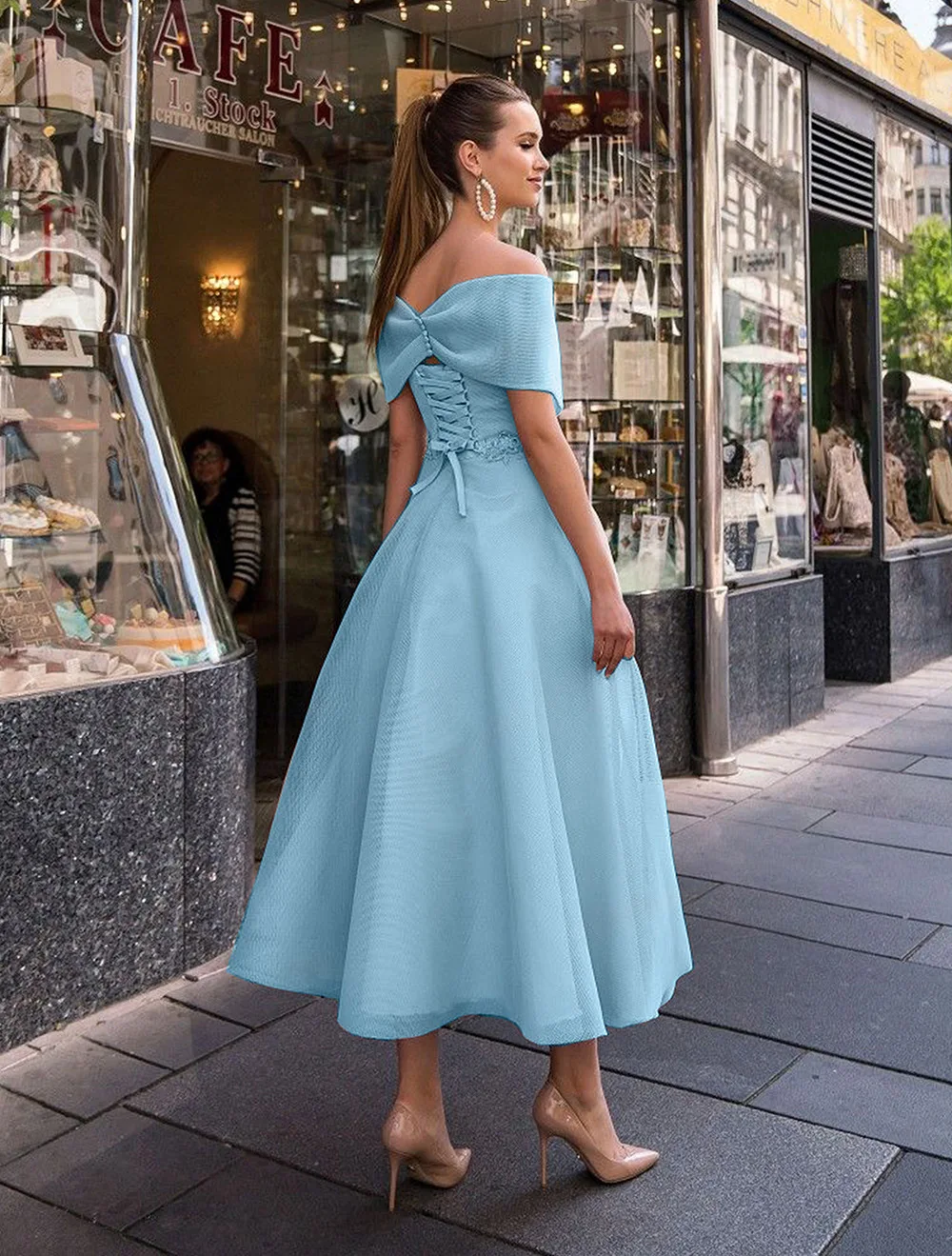 Bule Women Prom Dress 2023 Sexy Off-Shoulder Backless Long Dress Slim Waist A-Line Wedding Evening Party Occasion Dresses