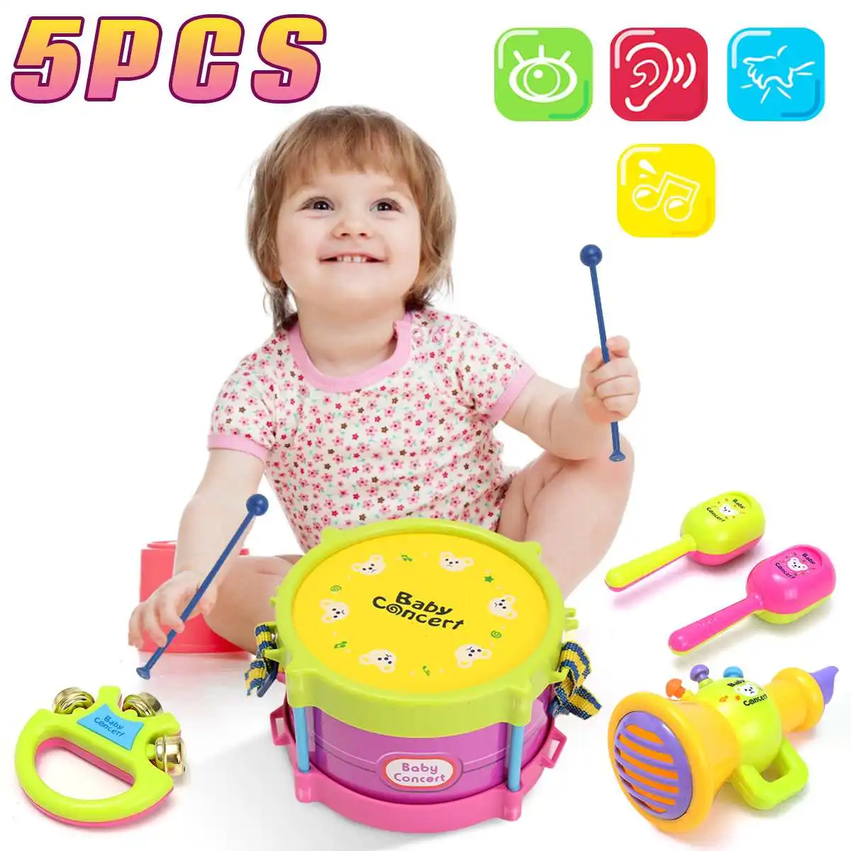 

5Pcs Music Percussion Instrument Band KiChildren Drum Trumpet Toy Early Learning Educational Toy Baby Kids Children Gift