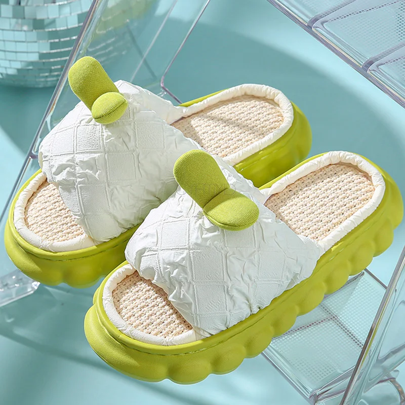 Butterfly-Knot Down Cloth Home Slippers for Women Linen House Slides Eva Non-Slip Bedroom Slippers Female Thick Sole Shoe Indoor