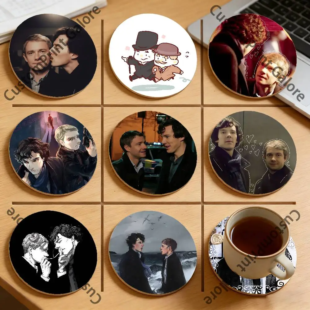 Фото Круглые подставки для чашек S-Sherlock Johnlock W-Watson из натуральной сосны, нескользящие, термостойкие, для кофе и напитков №1