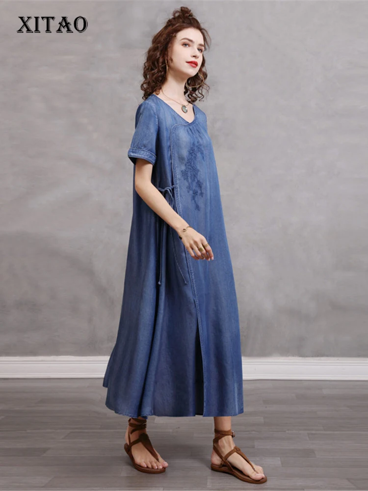 

XITAO Drawstring Women Dress Fashion Pullover Pleated Goddess Fan Casual Style 2022 Summer Minority Embroidery Dress WLD8135