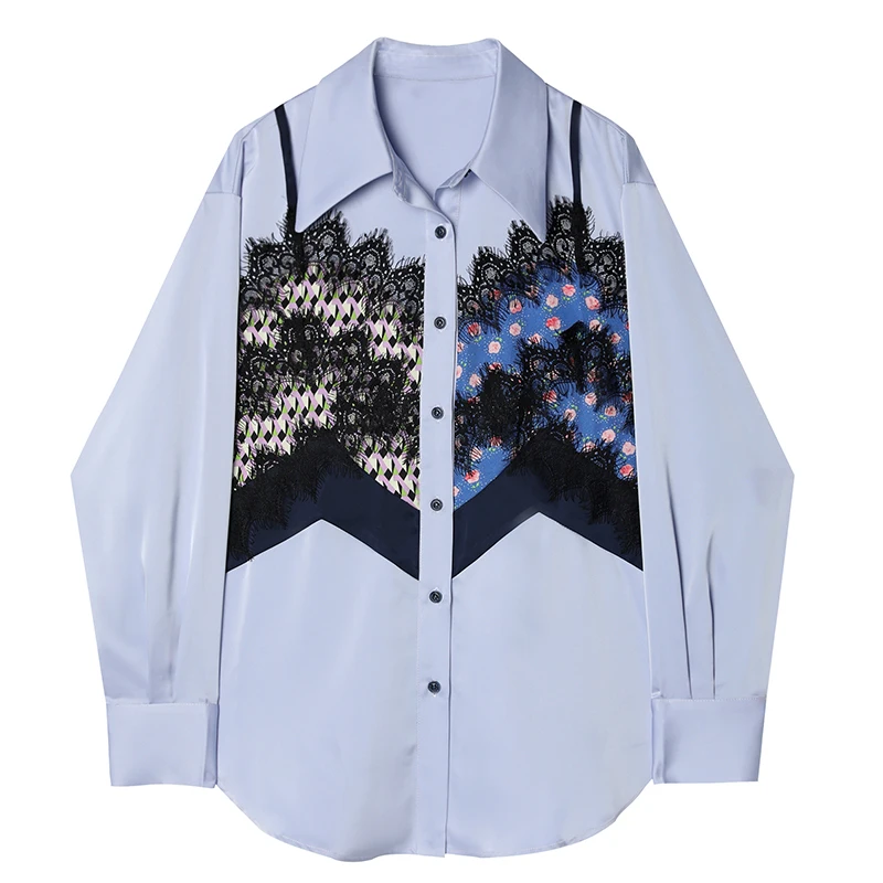 

Fashion Fake Two Piece Top Women's Spring Lace Patchwork Retro Chic Shirt Trendy Silk Like Satin Ladies Tops Camisas De Mujer