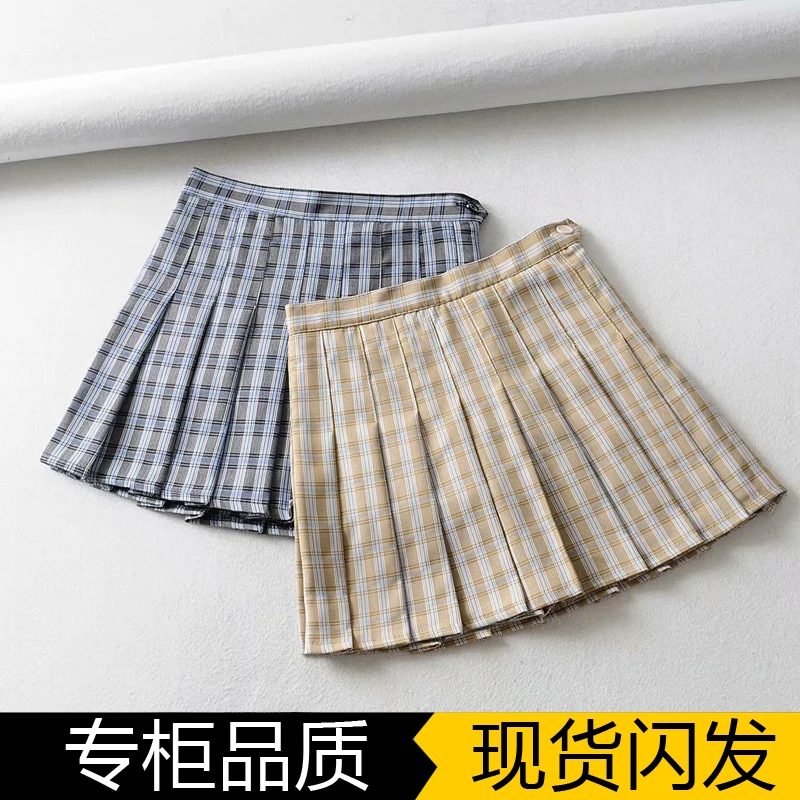 

Plaid high waist pleated skirt women's spring and autumn summer short skirt is thin A-line skirt Korean version JK style