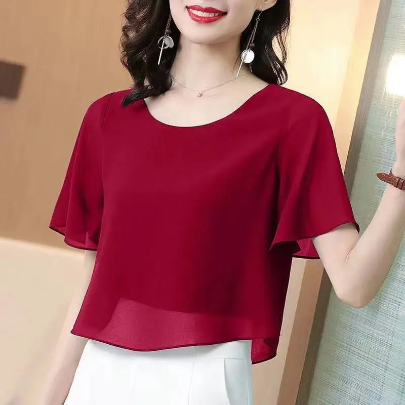Elegant Solid Color Loose Fake Two Pieces Blouse Women Clothing 2023 Summer New Casual Pullovers Office Lady Chiffon Shirt