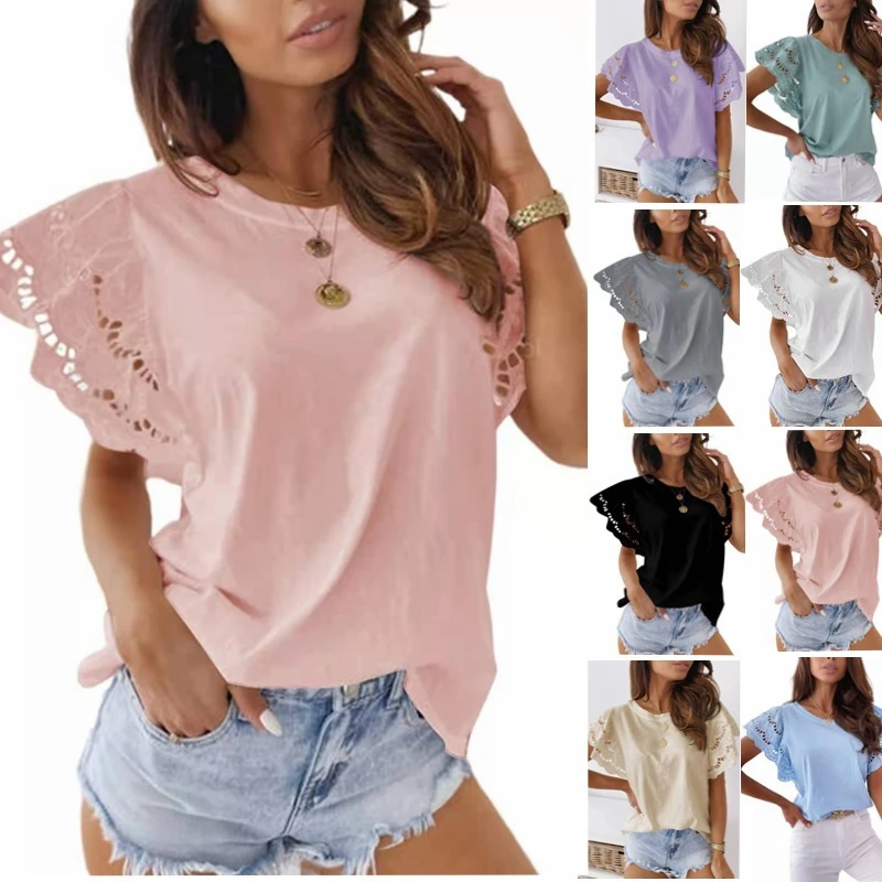 

2022 Summer New Solid Color Round Neck Stitching Lace Flying Sleeves Short-sleeved T-shirt Top Women's Clothing
