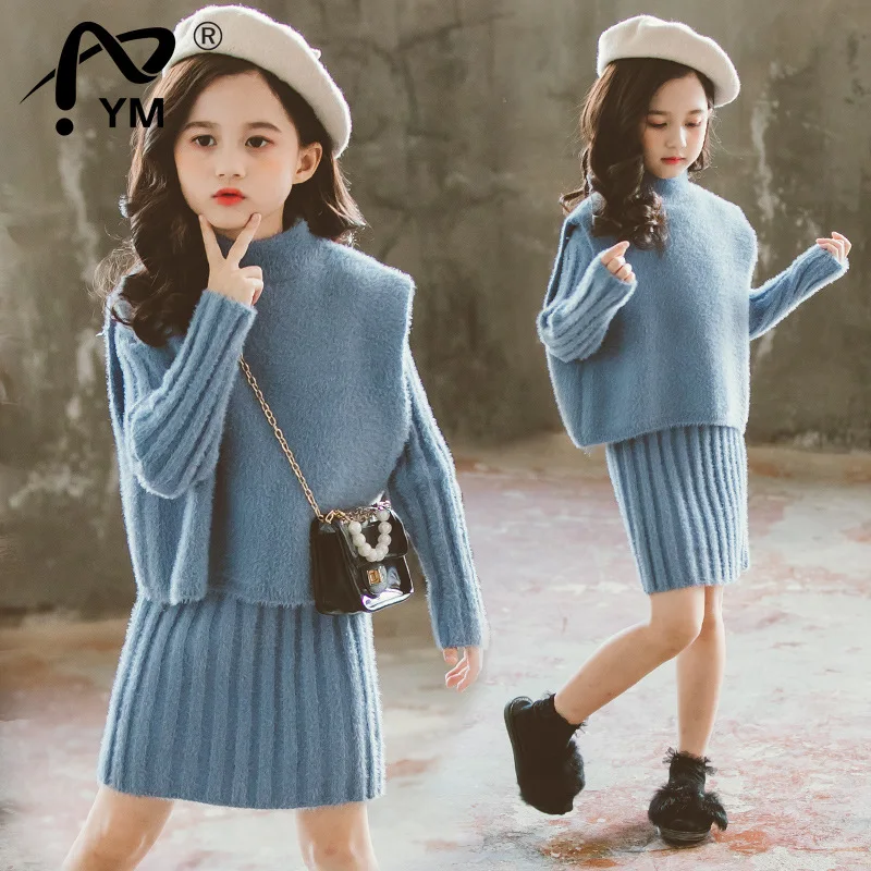 

New Girls Clothing set 2022Autumn Warm Thicken Knitted Sweater Dress Set Children Costume 6 8 10 12 Years Kids Girls Winter Clot