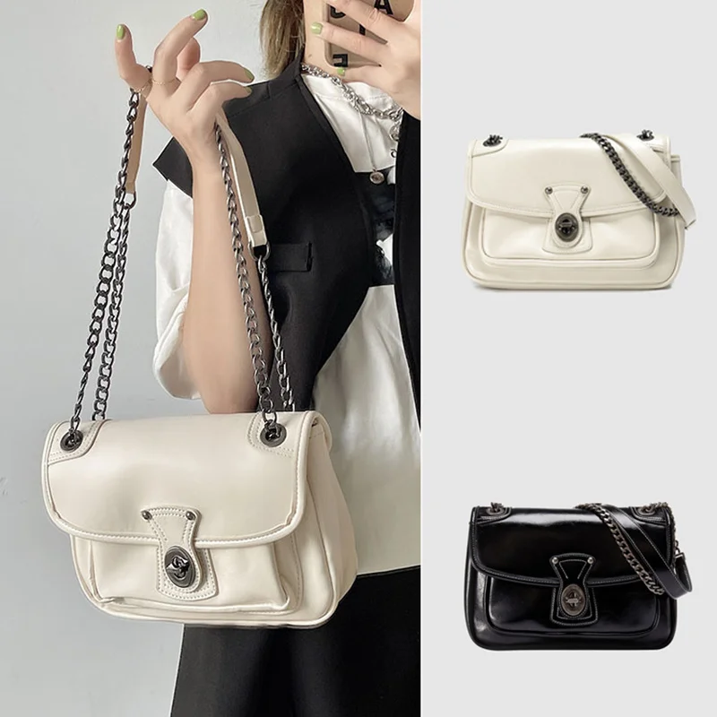

Vintage Elegant Solid Color Crossbody Bag Female PU Leather Shoulder Bags Vintage Double Chain Armpit Square Satchel Bag
