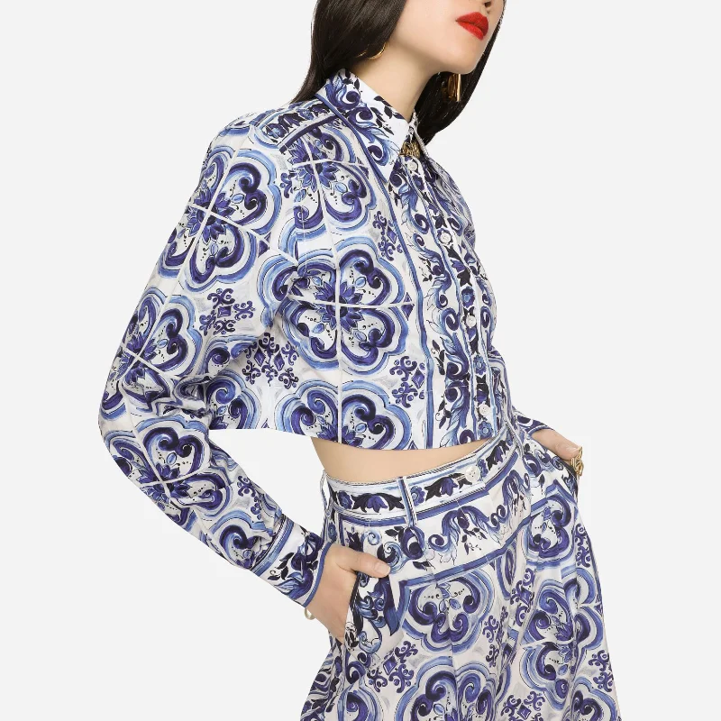 

2023 High quality Blue and white pottery printed button down lapel long sleeve short shirt top jackets for women women clothing