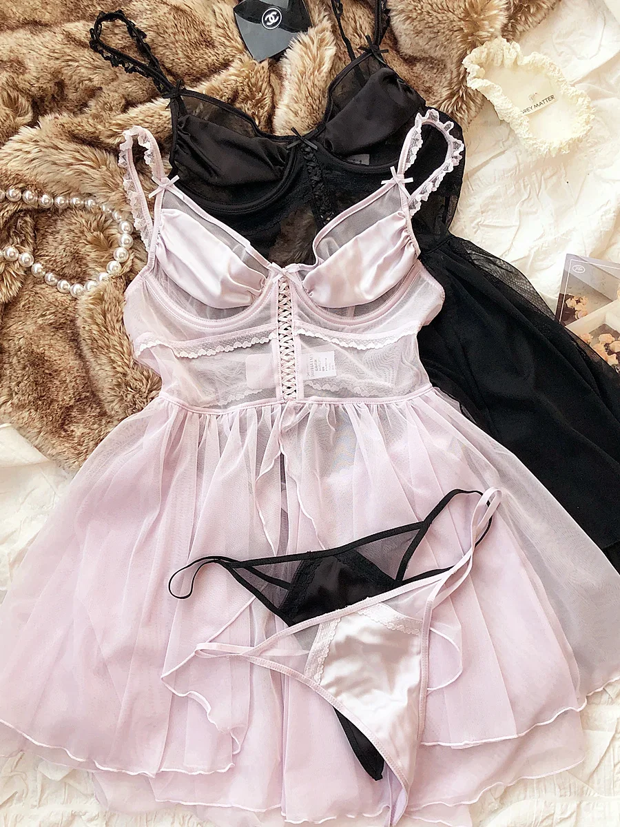 Сексуальная сетчатая атласная ночная рубашка с открытой спиной бюстгальтер