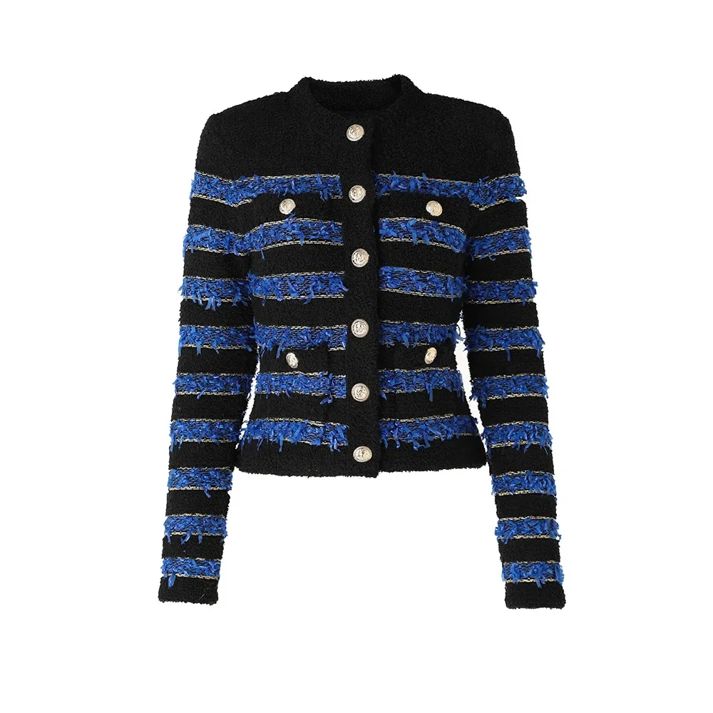 

Sandro Rivers Luxury Lion Buttons Top for Women Designers Elegant O-neck Long Sleeve Knitted Sweater Casual Striped Cardigans