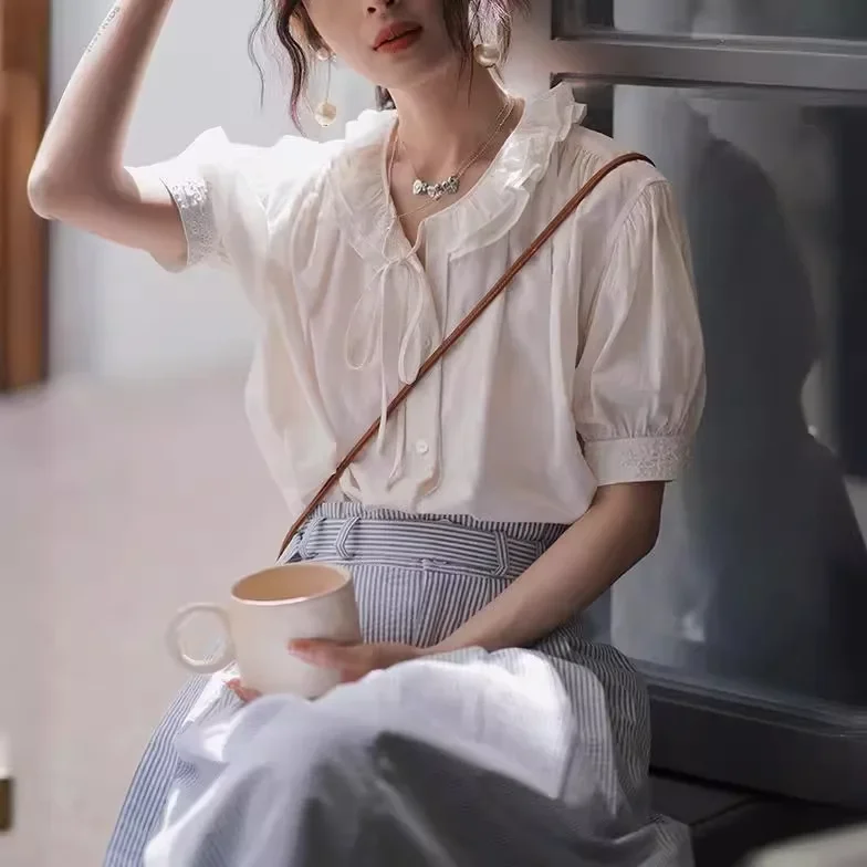 Винтажная элегантная вышитая хлопково-льняная блузка с пышными рукавами и