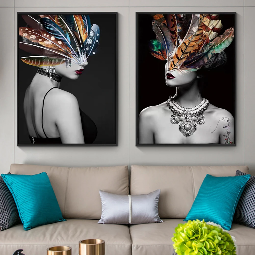 

Abstract Colourful Feather Woman Art Canvas Paintings Posters and Prints Wall Art Pictures for Living Room Home Decor (No Frame)