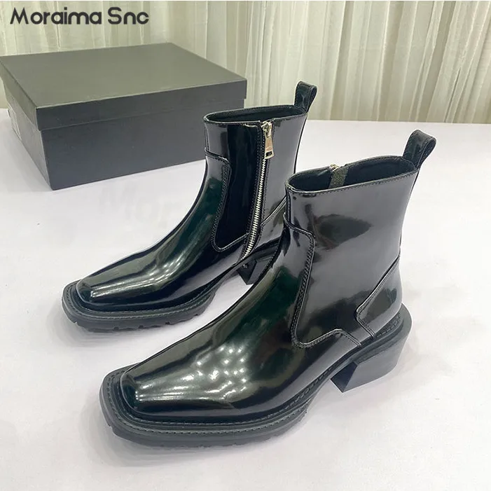 Black Handsome Thick Heel Square Head Leather Ankle Boots Design Sense Side Zipper Short Tube Chelsea Boots Large Size Boots