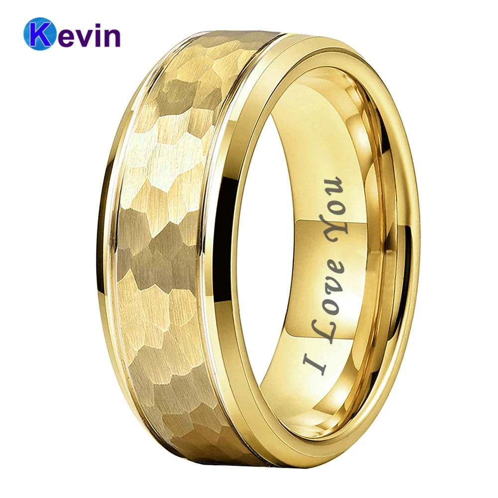 

8mm Yellow Gold/ Rose Tungsten Wedding Band For Men Women Trendy Engagement Hammer Ring I Love You Stamped Comfort Fit