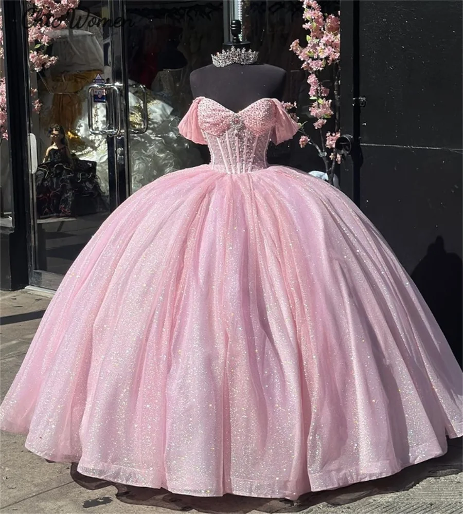 

Блестящие Розовые платья с блестками для Quinceanera 2024 бальное платье с бисером Пышное милое 15 платье Vestidos De Xv, 16, Charro день рождения