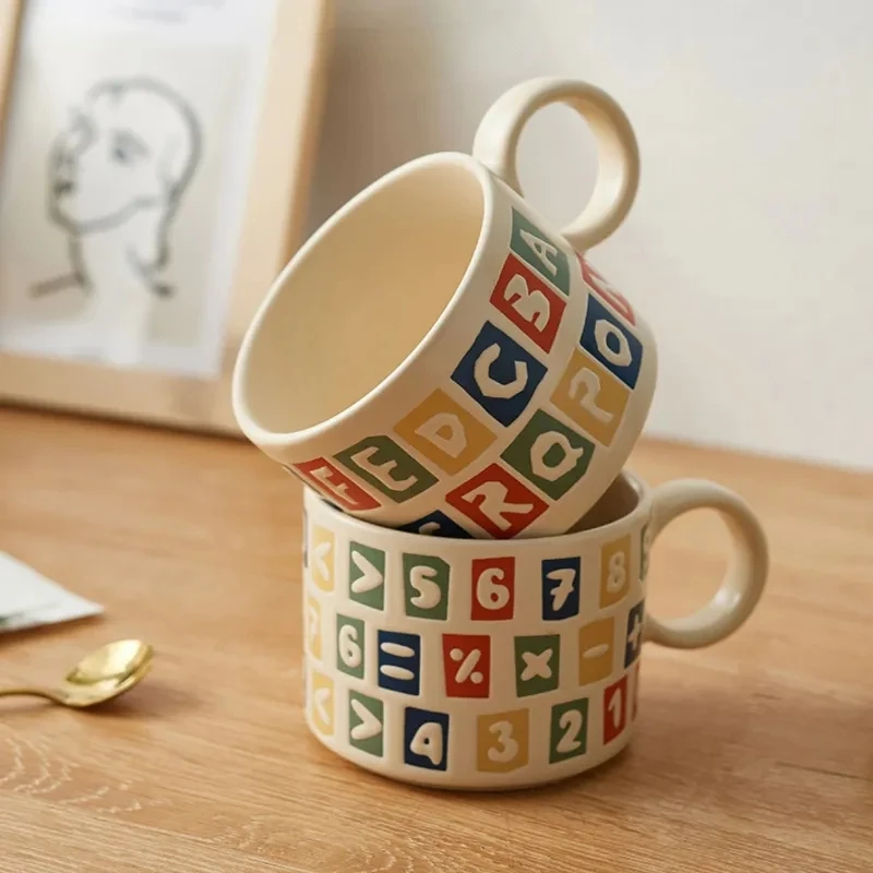 

Embossed Ceramic Letters Milk Oatmeal Coffee Cup Exquisite High-value Couple Afternoon Tea Cup Creative Retro Large-capacity Mug