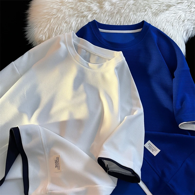 

New Fashion Solid Color Ultra-thin Breathable Short SleeveT-shirt fake Two-piece Personality Labeling