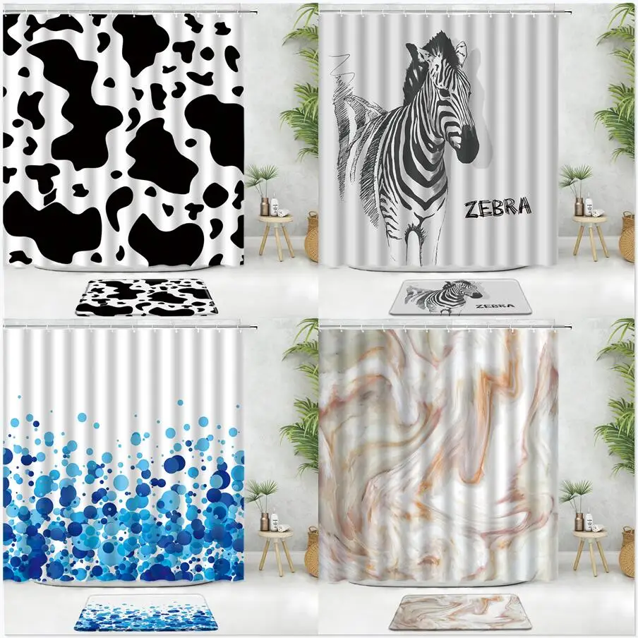 

2pcs Zebra Marble Shower Curtain Set Bath Mat Geometric Animal Sea Life Dolphin Flower Leopard Scenery Anti-Slip Doormat Carpet