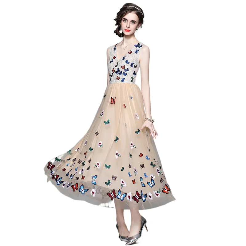 

Женское платье с вышивкой-бабочкой, без рукавов, с V-образным вырезом