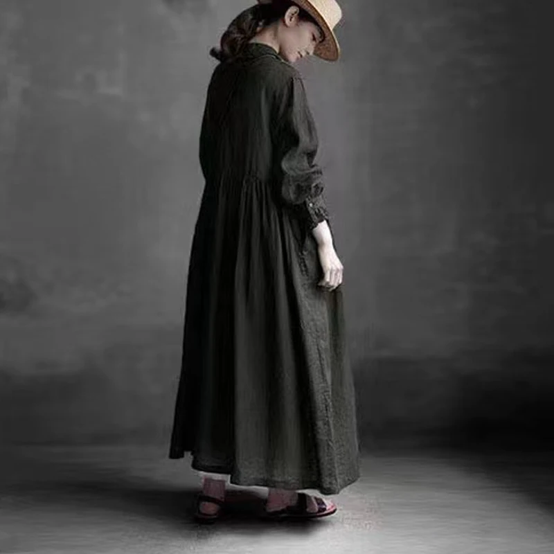 Женское льняное платье с вышивкой Johnature свободное винтажное отложным воротником