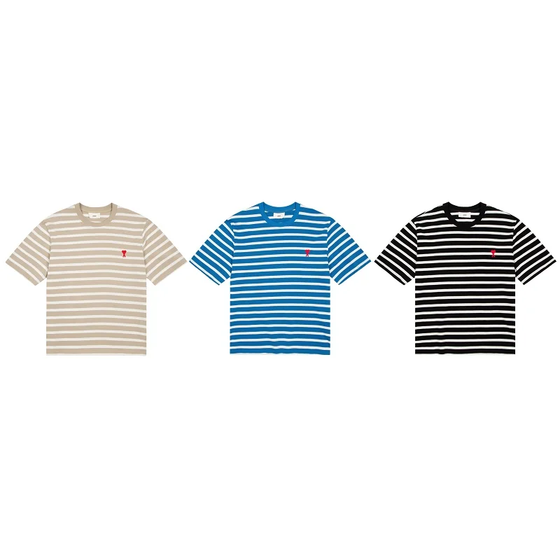 

2022 Ami Summer New Stripe Short Sleeve South Korean Fashion Love Embroidery Men Short Sleeve High Quality Men Short Sleeve