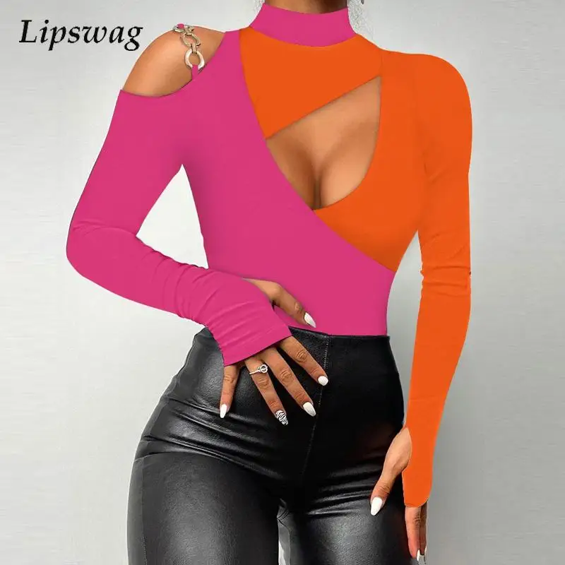

Autumn Elegant Hollow Out Patchwoork Blouse Shirts Women Fashion Long Sleeve Pullover Tops Lady Casual Off Shoulder Chain Blusa