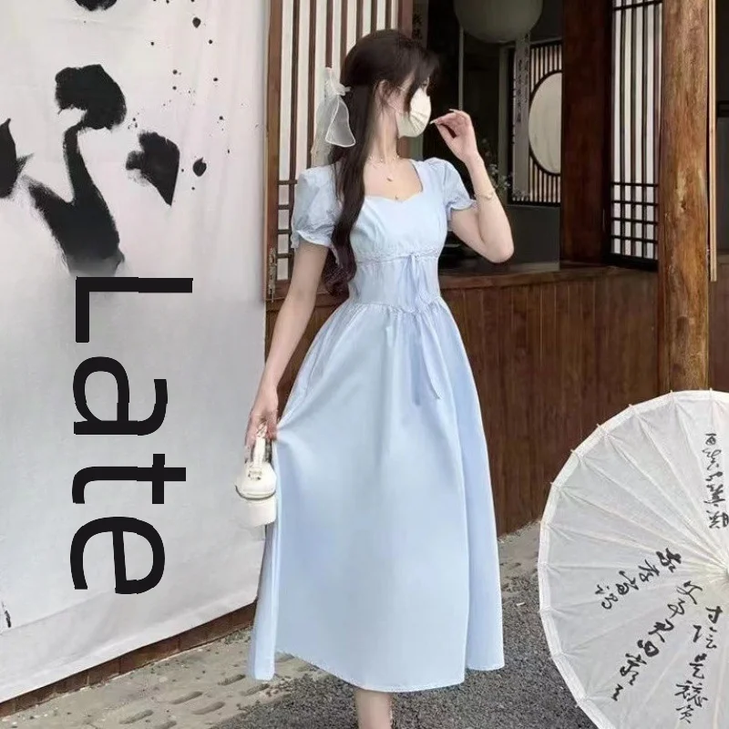2024 новое летнее нежное стильное свежее синее платье с квадратным воротником и