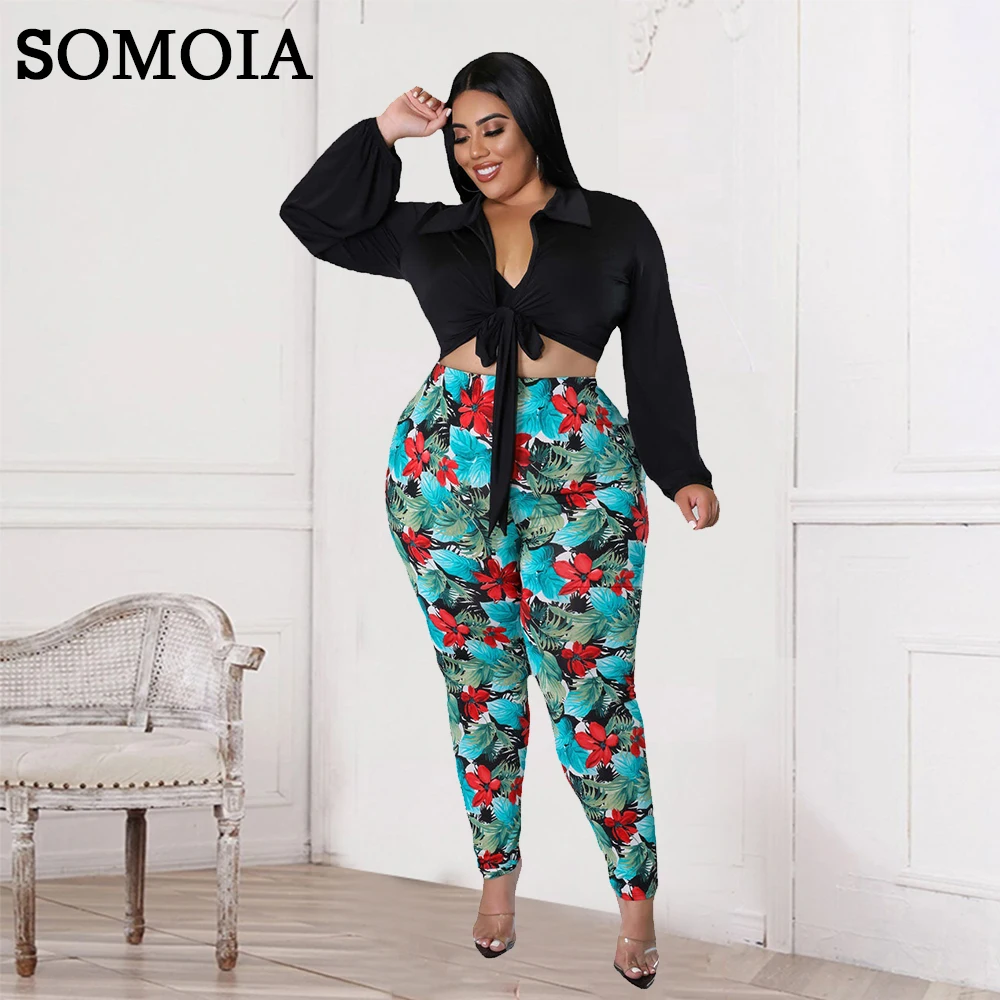 

SOMOIA Plus Size Woman Trendy Fashion Digital Printing Trousers Solid Color Lace-Up Shirt Two Piece Set Wholesale Dropshipping