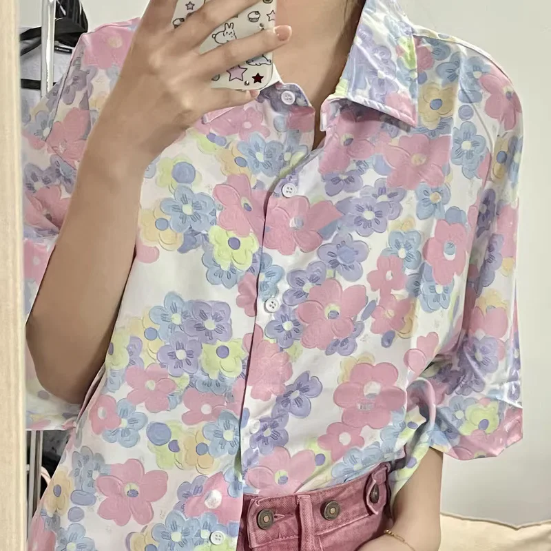 

Hawaiian Beach Floral Full Print Button Up Shirts Women Casual Short Sleeve Shirt Men Blouse New Summer Korean Women Shirt 2023