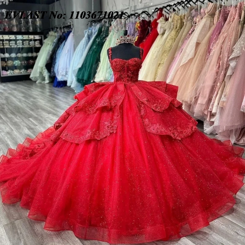 EVLAST мексиканское красное бальное платье Quinceanera с открытыми плечами Кружевная